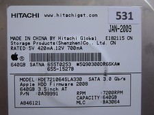 640GB Hitachi HDE721064SLA330 | PN: 0A39991 | MLC: BA3064 | JAN-2009 #531 picture