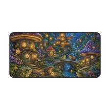Enchanted Mushroom Village Desk Mat  Fairy Night Forest Mouse Frog Scene picture