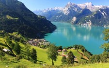 Landscape lake mountains village alps nature switzerland Custom Gaming Mat Desk picture