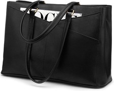 15.6 Inch Waterproof Leather Laptop Tote Bag for Women - Black Computer Bag picture
