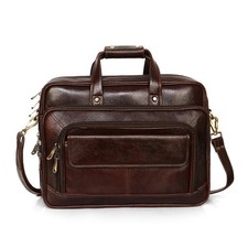 Luxury brown full-grain calfskin leather laptop briefcase with handle and strap picture