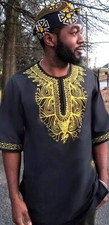 Black and Yellow African Embroidered Dashiki Shirt-DP3781Y | African Fashion | D picture