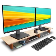 Aothia Large Dual Monitor Stand Riser, Solid Wood Desk Shelf with Eco Cork Le... picture