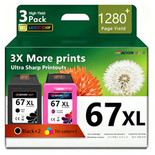 67XL High-Yield Ink Cartridges Combo Pack | 3-Pack, 2 Black / 1 Tri-Color picture