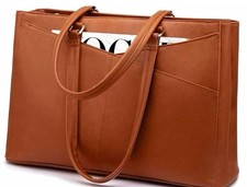 Brown Faux Leather Laptop Tote Bag 15.6 in w/ Laptop Compartment picture