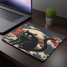 Funny Black Cat japanese art Mouse Pad, Cat Ukiyo-e style painting desk mat picture