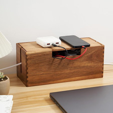 Acacia Wood Cable Management Box Power Strip Cord Hider Organizer Storage picture