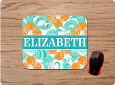 LILLY INSPIRED TEAL SEASHELL PRINT PERSONALIZED NAME MOUSE PAD HOME OFFICE GIFT picture