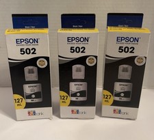 3 NEW Epson 502 Black EcoTank Ink Bottles– 127ml, Genuine OEM, Sealed (3 Boxes) picture