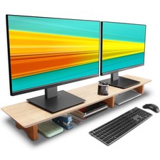 Large Dual Monitor Stand Riser, Solid Wood Desk Shelf with Eco Cork Legs for ... picture