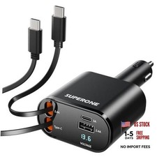 Retractable Car Charger for iPhone with Dual Type C 2 Type-C Cables Black picture