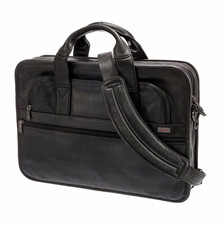 TUMI Black Leather Laptop Briefcase for 15in Laptop, Adjustable Shoulder Strap picture