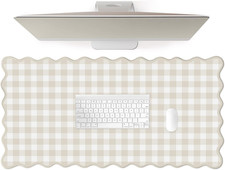 Scalloped‌ Beige Checkered Gingham Desk Mat Cute Pastel Large Mouse Pad Kawaii C picture