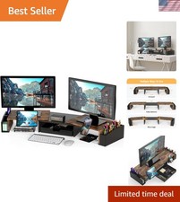 Elegant Rustic Brown Dual Monitor Stand Riser with Drawer for Ergonomic Comfort picture