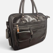 VERY Nice Black Leather Laptop Case / Travel Bag Multi Pocket For Work or school picture