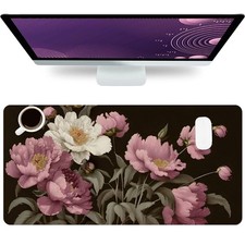 Large Mouse Pad, Black Floral Desk Mat for Desktop, Women Girls Flowers PU Le... picture