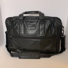 TUMI Black Leather Expandable Briefcase Laptop Business Bag Multiple Pockets picture