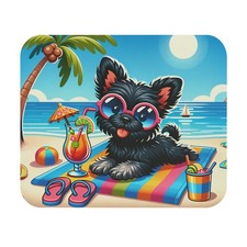 Beach Puppy on Towel Mouse Pad | Cute Black Dog, Summer Tropical Scene picture