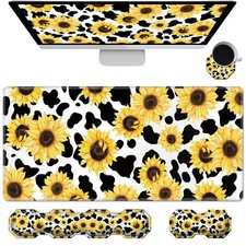 Gaming Mouse Pad Wrist Desk & Rest 4 Pcs Set, Cow Print Sunflowers picture