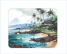 Hawaii Big Sandy Beach Getaway Mouse Pad Watercolor Painting Art 7 3/4 x 9