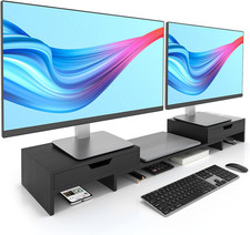 Dual Monitor Riser with Drawers Adjustable Bamboo Desk Stand No Assembly picture