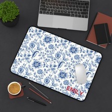 Personalized or Monogram Farmhouse Blue & Off-White Floral Desk Mat  picture