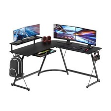 SHW Vista L-Shape Desk with Monitor Stand, Black w/ Monitor Riser picture