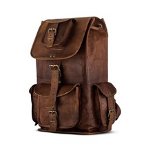 Handmade Brown Vintage Full Grain Goat Leather Backpack Laptop Rucksack Bag. picture