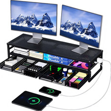 Soporte Doble De Metal Para Monitor Con USB Y 2 Cajones de Escritorio Negro picture