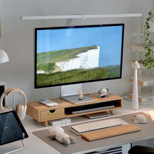 Bamboo Monitor Stand Riser with Drawer, Wooden Ergonomic Desk Organizer for picture