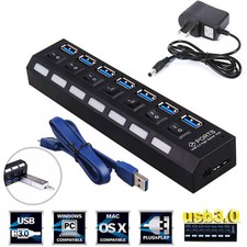 USB 3.0 HUB On/Off Switch with AC Power Adapter Cable For PC Laptop 4 or 7 Port picture