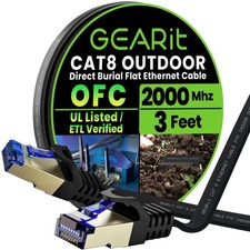 Cat 8 Outdoor Flat Ethernet Cable 3ft Black Shielded FTP RJ45 40Gbps 2000MHz picture