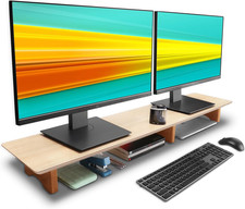 43 Inch Oak Wooden Dual Monitor Stand with Cork Legs and Under Shelf Storage picture