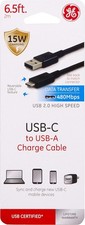 GE USB Type A Male to USB Type C Male Cable 6.5ft Black Charge & Data Transfer picture