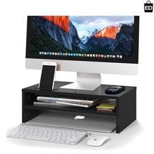 Elegant 2-Tier Black Wooden Desk Organizer with Phone Holder & Cable Management picture