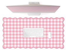 Scalloped‌ Pink Checkered Gingham Desk Mat Cute Pastel Large Pad Kawaii Cotta... picture