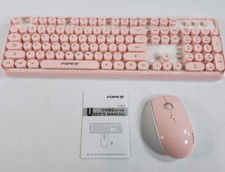 FOPETT Retro Typewriter Wireless Keyboard Mouse Combo – Pink/Cream USB picture