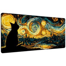 Yellow Starry Night Cat Pad,35.4 x 15.7 Inch Large Mat Non-Slip Stitched Edge... picture