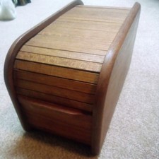 Vintage Teak Wooden Roll Top Floppy Disc Storage Box picture