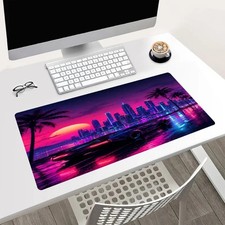 Neon City Sunset Car Gaming Mouse Pad 24x14in Large Desk Mat Synthwave Decor picture
