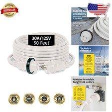 Heavy Duty 30 Amp 125V 50ft White Power Cord - Watertight, Marine, LED Indicator picture