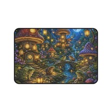Enchanted Mushroom Village Desk Mat  Fairy Night Forest Mouse Frog Scene picture