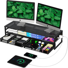 Simple Trending 2-Tier Metal Dual Monitor Stand with USB & 2 Drawers, Black picture