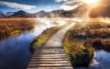 Landscape nature path walkway mist mountains grass river Custom Gaming Mat Desk picture