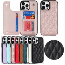 Luxury Leather Grid Card Slot Cover Case for 11 12 13 14 15 16 Pro Max XR 7 8 SE picture