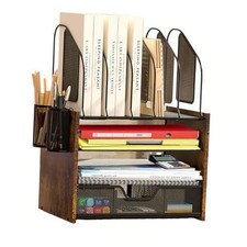 Wood Desk Organizer - 4-Tier Desktop 4 Tier Drawer with Vertical File Holder picture