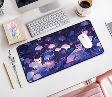Kawaii Purple Dream Desk Mat, Large Mouse Pad Ginkgo Cats Anime Decor picture