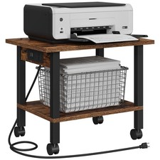 2Tier Rolling Printer Stand Cart Power Outlets USB Ports Wheels Brown 1 PCS picture