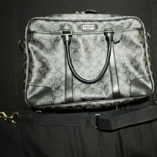 Coach Signature Logo Leather Briefcase Black/Gray 15in Laptop Adjustable Strap picture
