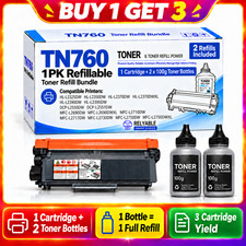 TN 760 Brother Toner Cartridge Replacement Refillable 1PK + 2 Toner Refills picture